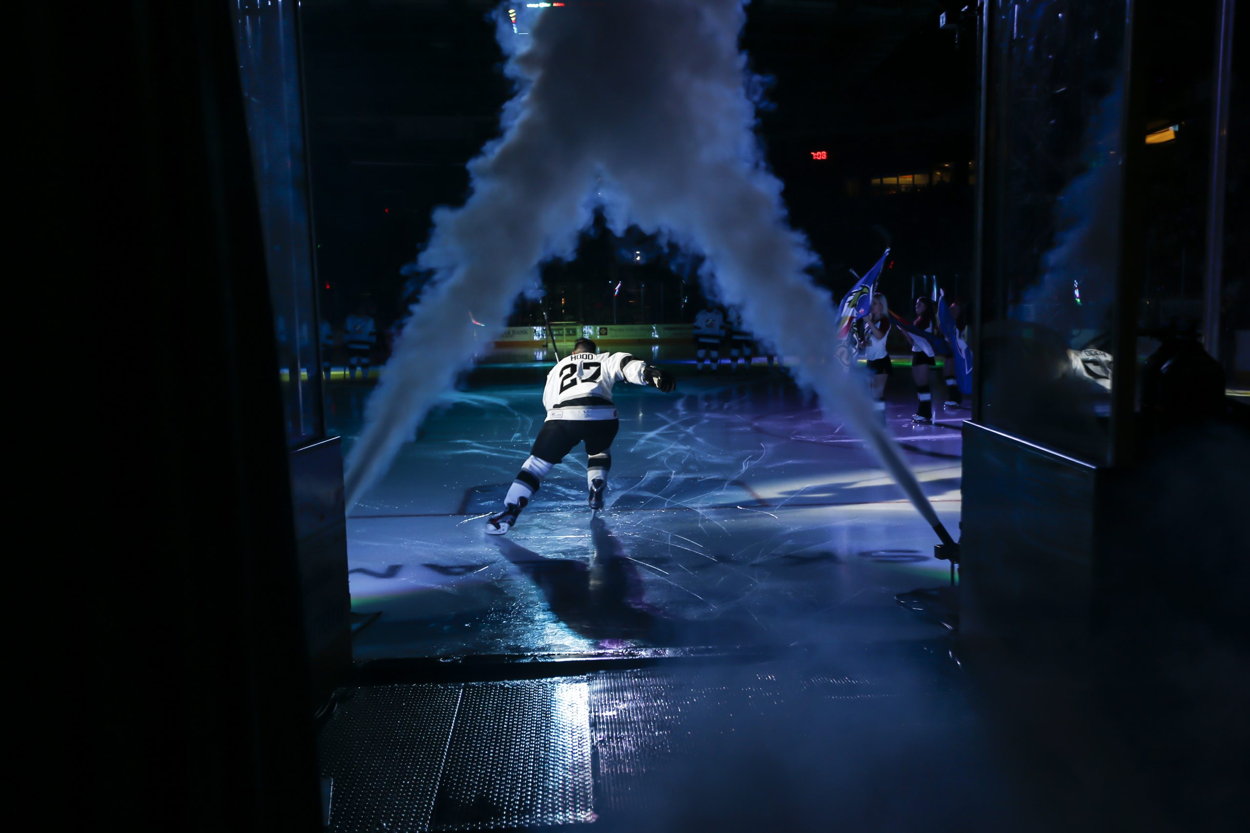 Dylan Hood skating at full speed during a professional hockey game